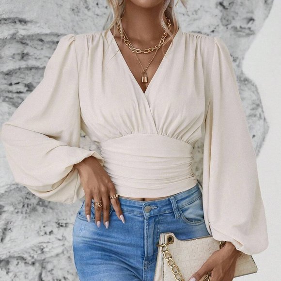 Classy Lantern Sleeve Ruched Blouse beige - Picture 4 of 5